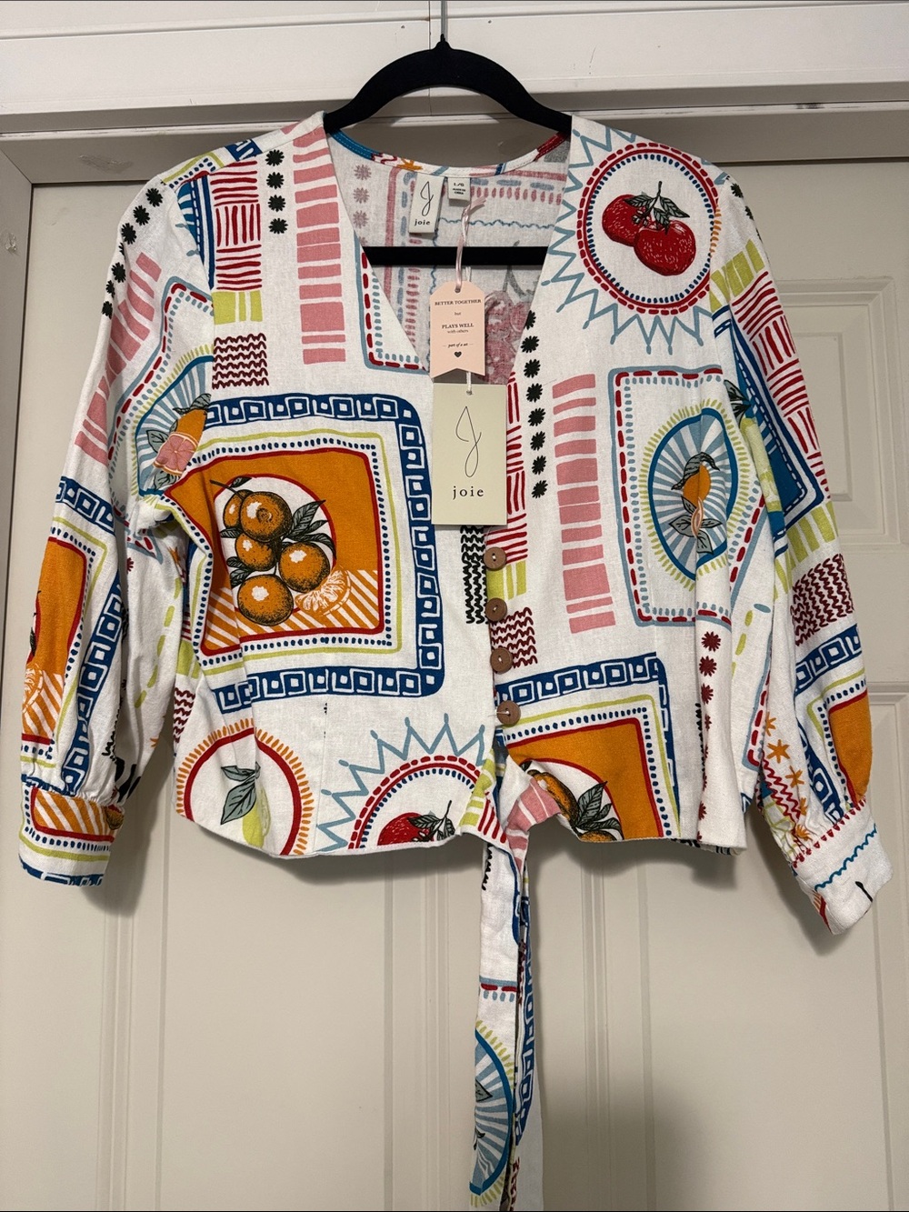 Joie White Printed Tie-Front Top with Multicolor Fruit & Geometric Motifs